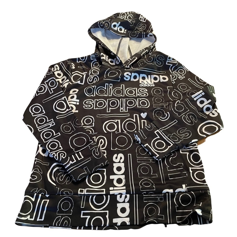 Adidas kids hoodie bk/white pullover sz 7/8 100% polyester front pouch pocket